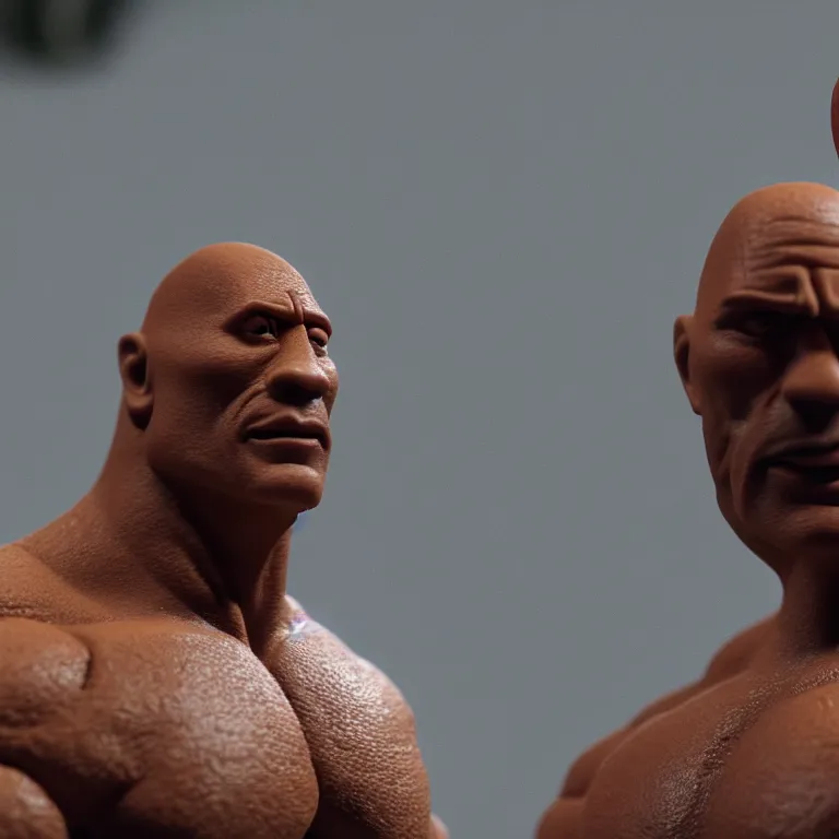 Prompt: a cinematic film still of a claymation stop motion film starring dwayne the rock johnson, shallow depth of field, 8 0 mm, f 1. 8