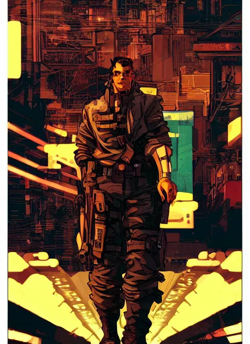 Prompt: hector. cyberpunk mercenary with scenic background. portrait illustration, pop art, art by ashley wood, alphonse mucha, laurie greasley and josan gonzalez. cinematic. beautiful lighting.