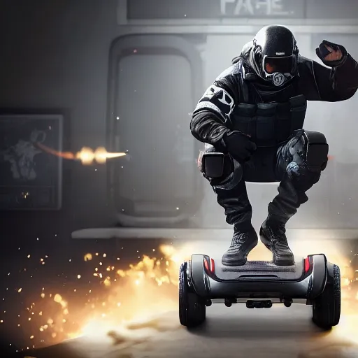 Prompt: Montagne from Rainbow Six Siege standing on a chair that's on a hoverboard