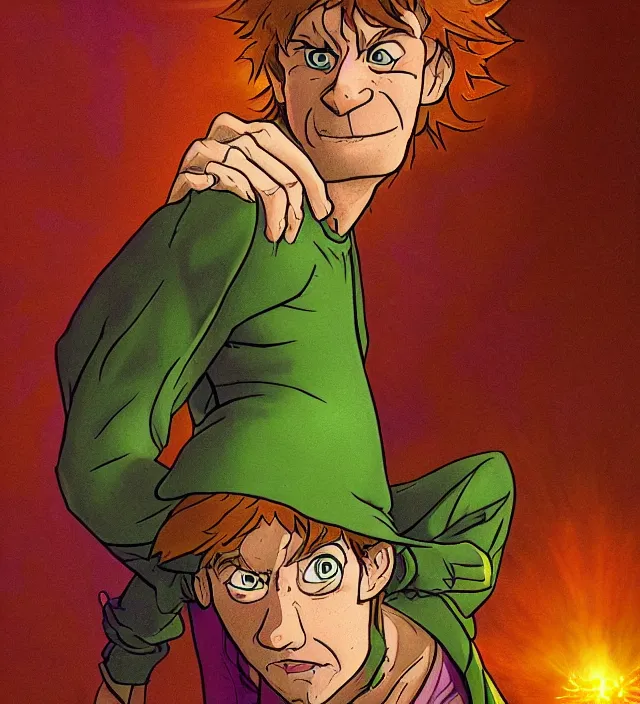 Image similar to a character portrait of shaggy rogers powering up in the style of jean giraud in the style of moebius trending on artstation deviantart pinterest detailed realistic hd 8 k high resolution