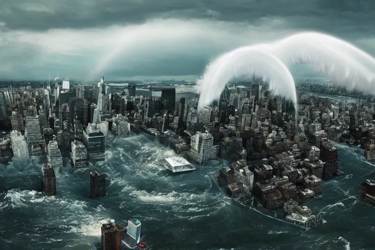 Image similar to tsunami crashing over manhattan, water flowing everywhere, bird's eye view, wide shot, cinematic, realistic style, very detailed
