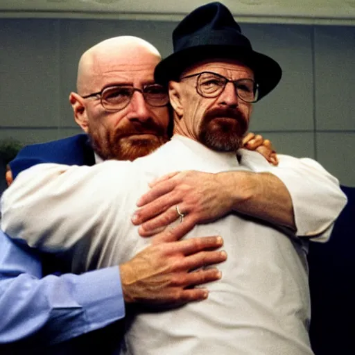 Image similar to Michael Ehrmantraut hugging walter white from behind wrestling breaking bad