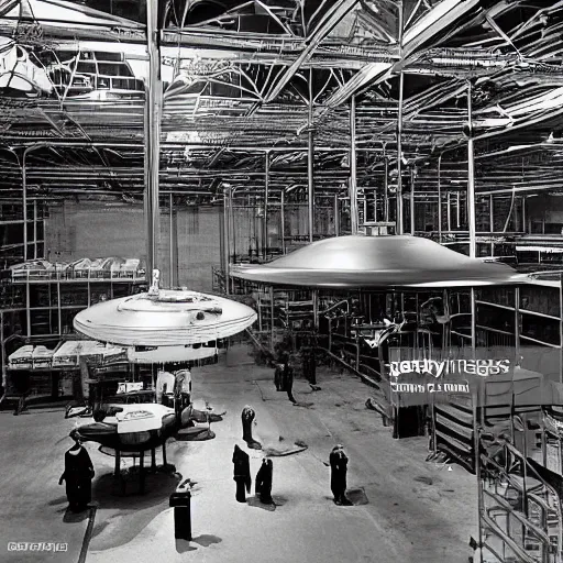 Prompt: scientists discovering a advanced ufo in a warehouse in 1 9 7 0, black and white, hyper realistic, 4 k, highly ornate intricate details, sharp image, incredible detail,