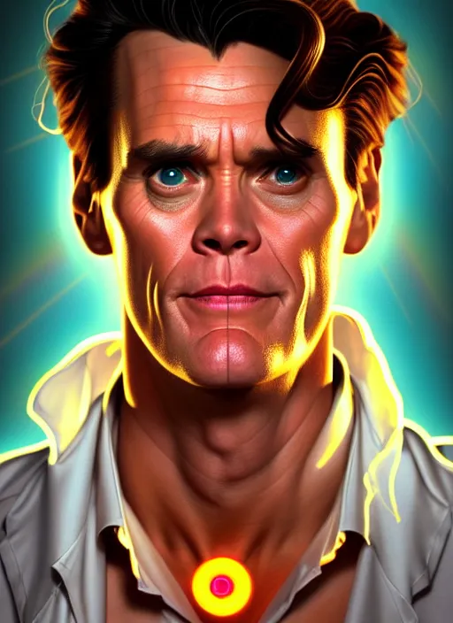 Image similar to symmetry!! portrait of ace ventura jim carrey, chemisty, sci - fi, glowing lights!! intricate, elegant, highly detailed, digital painting, artstation, concept art, smooth, sharp focus, illustration, art by artgerm and greg rutkowski and alphonse mucha, 8 k