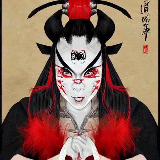 Prompt: an insane kabuki wielding a spear while striking a pose, magical aura of insanity driving beasts insane, intricate hakama, red wig, detailed face with crossed eyes, high energy, trending on artstation, detailed concept art,