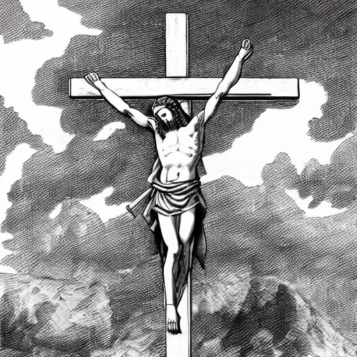 Jesus christ on the cross, by Kentaro Miura, manga, | Stable Diffusion