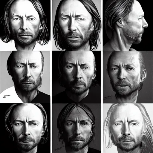 Image similar to collages, hyper realistic, many variations portrait of very old thom yorke, face variations, singer songwriter, ( side ) profile, liminal space, by lee bermejo, alphonse mucha and greg rutkowski, greybeard, smooth face, cheekbones, various versions