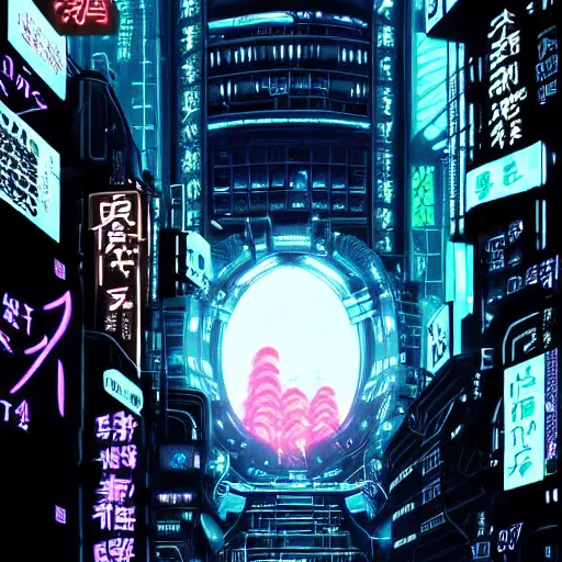 Image similar to Perfect circle portal leading to a vast neon cyberpunk Tokyo in style of Tsutomu Nihei. Cyberpunk, vertical symmetry, 8K, Highly Detailed, Intricate, Vivid.