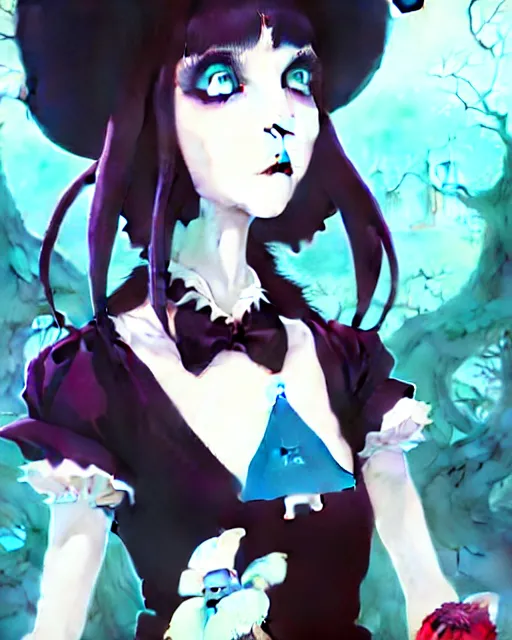 Image similar to portrait of cute goth alice from wonderland, anime key visual, by peter mohrbacher and ilya kuvshinov and wlop and makoto shinkai and studio ghibli