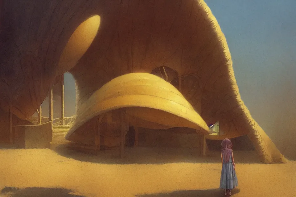 Image similar to atmospheric painting of a giant seashell house, a young girl stands outside, by moebius and john harris, atmospheric, concept art, saturation 20