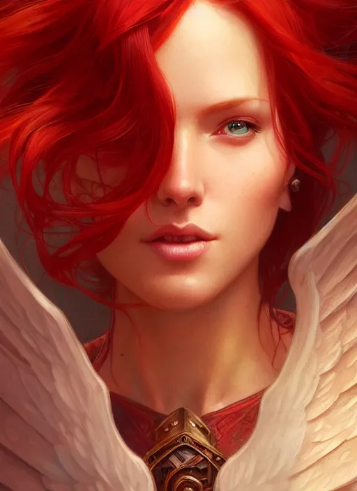 Image similar to a beautiful red haired woman a an angel, deep focus, d & d, fantasy, intricate, elegant, highly detailed, digital painting, artstation, concept art, matte, sharp focus, illustration, hearthstone, art by artgerm and greg rutkowski and alphonse mucha