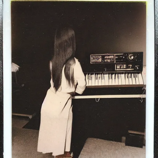 Prompt: 1 9 7 0 s polaroid of a female japanese musician playing a vintage synthesizer, hazy, faded