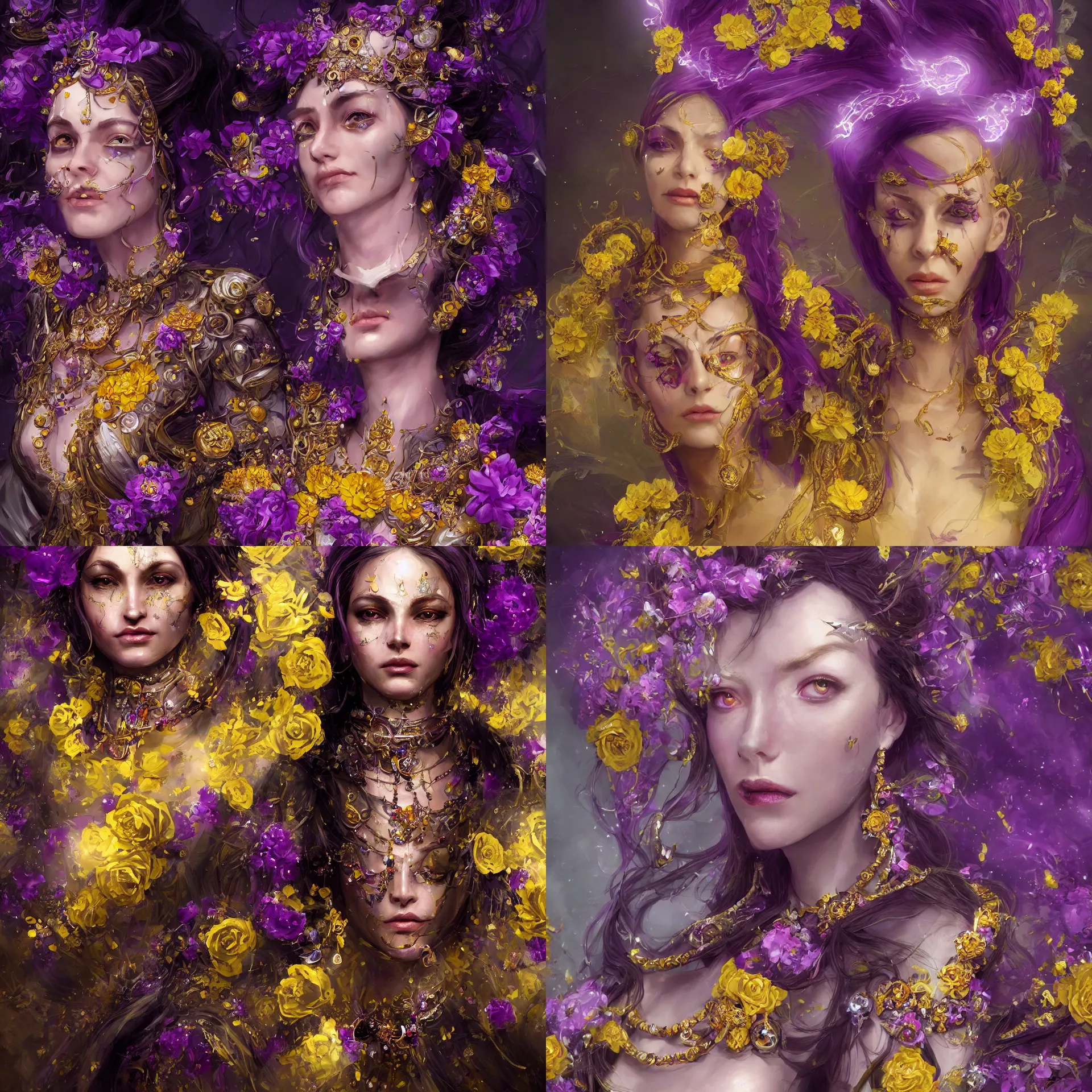 Image similar to realistic character concept, the empress with lots of jewelry and yellow and purple flowers in the face, elegant pose, scifi, illustration, slender symmetrical face and body, artstation, cinematic lighting, hyperdetailed, 8 k, high resolution, charlie bowater, frans smit, insanely detailed and intricate, elegant, dark fractal background, vfx, art deco, postprocessing