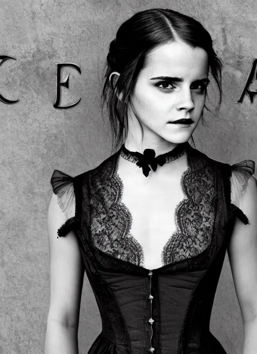 Image similar to Emma Watson for Victorian Secret as dark goth, perfect face, full length shot, XF IQ4, 150MP, 50mm, f/1.4, ISO 200, 1/160s, natural light, Adobe Photoshop, Adobe Lightroom, DxO Photolab, Corel PaintShop Pro, rule of thirds, symmetrical balance, depth layering, polarizing filter, Sense of Depth, AI enhanced