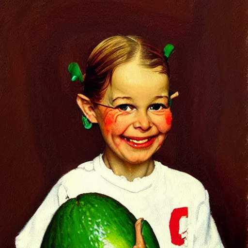 Prompt: Front portrait of Super-avocado-girl! A painting by Norman Rockwell.