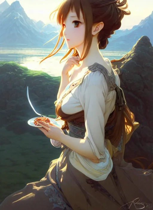 Prompt: concept art by artgerm, cute anime girl eating her dinner, cold natural light, intricate, elegant, highly detailed, mountain background with houses and river, digital painting, artstation, concept art, smooth, sharp focus, illustration, art by greg rutkowski and alphonse mucha and uang guangjian and gil elvgren, symmetry!!