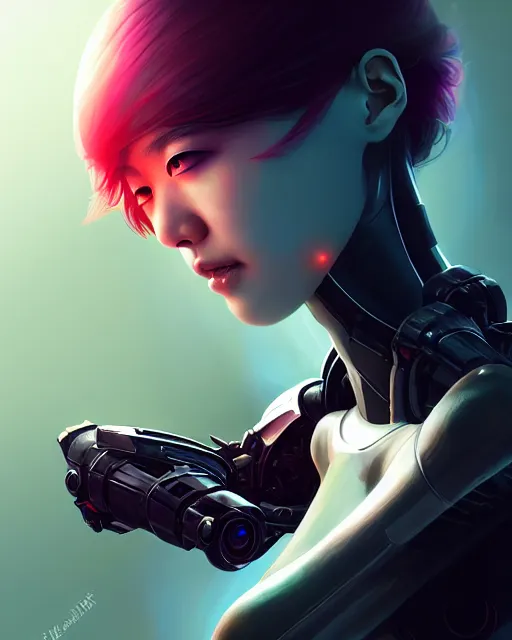 Image similar to kim hyun joo as an android, rose hair, cyborg, warframe, cinematic, illuminated, sunny, beautiful girl, advanced technology, futuristic, digital painting by ilya kuvshinov, akiko takase, eugene gottsnake, stanislav istratov and su fu and antoine collignon