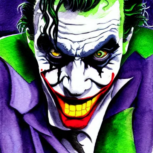 Prompt: the joker watercolor drawing, in the style of greg rutowski, hyper detailed