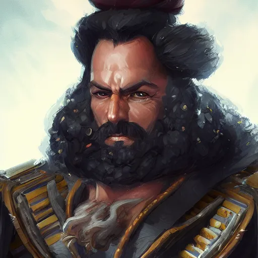 Image similar to A portrait of a muscular admiral with a black beard, D&D, sci-fi, elegant, hopeful, muscular, highly detailed, digital painting, artstation, concept art, smooth, sharp focus, illustration