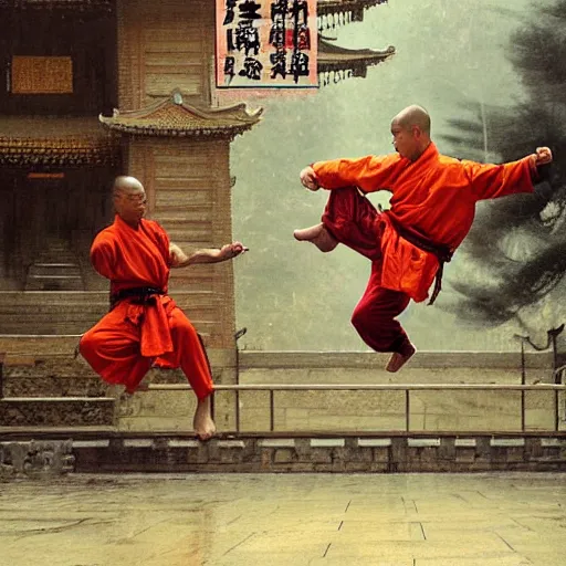 Prompt: a dynamic shaolin monk executing a highly dynamic flying kick at shaolin temple under the rain by john singer sargent and craig mullins