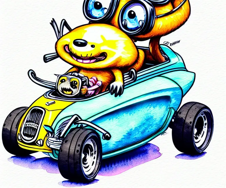 Prompt: cute and funny, racoon wearing a helmet riding in a tiny hot rod plymouth prowler with oversized engine, ratfink style by ed roth, centered award winning watercolor pen illustration, isometric illustration by chihiro iwasaki, edited by range murata, details by artgerm