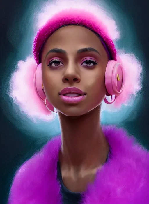 Image similar to portrait of vanessa morgan, black teenage girl, pink hair, wavy pixie haircut, purple newsboy cap, fluffy pink hair coming out from under cap, hoop earrings, subtle confident smile, intricate, elegant, glowing lights, highly detailed, digital painting, artstation, concept art, sharp focus, illustration, art by wlop, mars ravelo and greg rutkowski