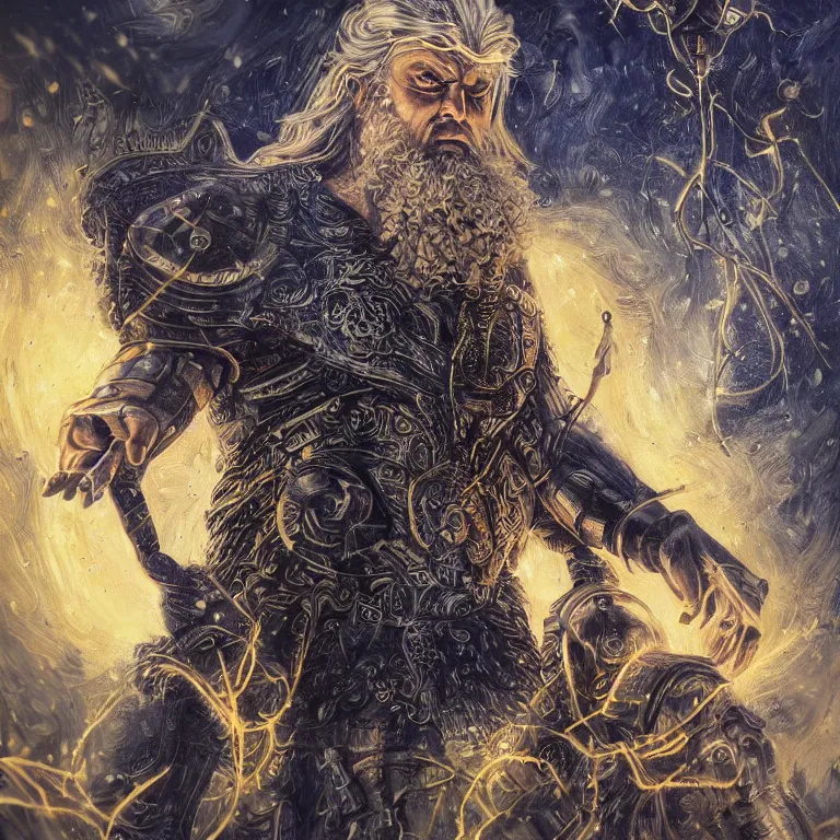 Image similar to mythological Odin all father god of thunder and artificial intelligence creating an artificial neural network with yellow synapses on an anvil, high resolution, award winning art, trending on art station, sharp image, incredibly detailed, odin all father detailed character realistic painting