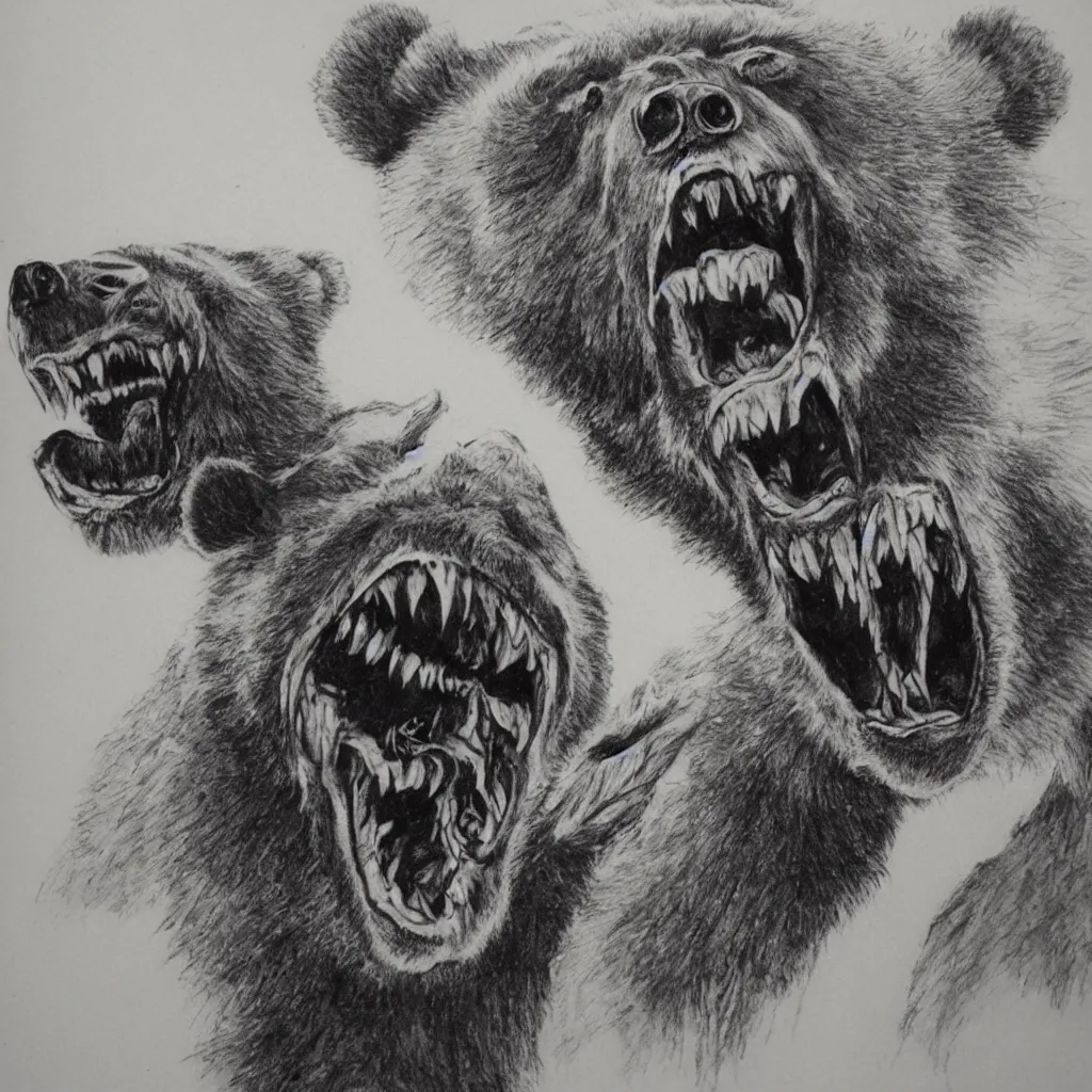 Prompt: horrifying bear, fangs, style of mark powell