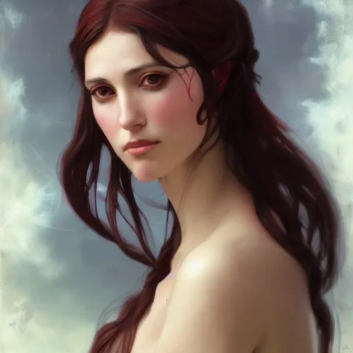 Image similar to A portrait of Kimberly Kane as the goddess of love, Stjepan Sejic, Ruan Jia, and Mandy Jurgens, and Artgerm, and william adolphe bouguereau, highly detailed, trending on artstation, award winning, H 768