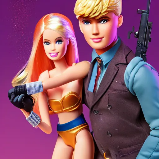 Prompt: barbie and ken as bonnie and clyde, in the style of artgerm, illustration, epic, fantasy, intricate, hyper detailed, artstation, concept art, smooth, sharp focus, ray tracing, vibrant, photorealistic, simon bisley