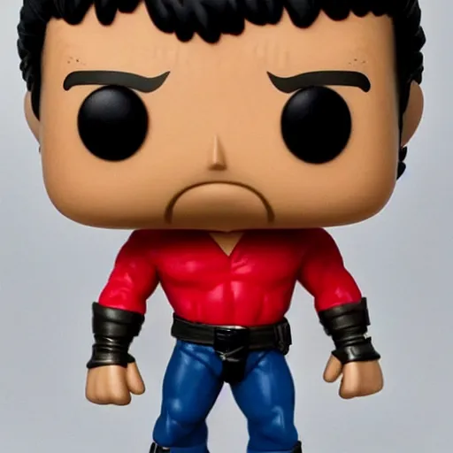 Prompt: a Funko Pop collectible of Sylvester Stallone Rambo. red headband. holding in one hand automatic rifle