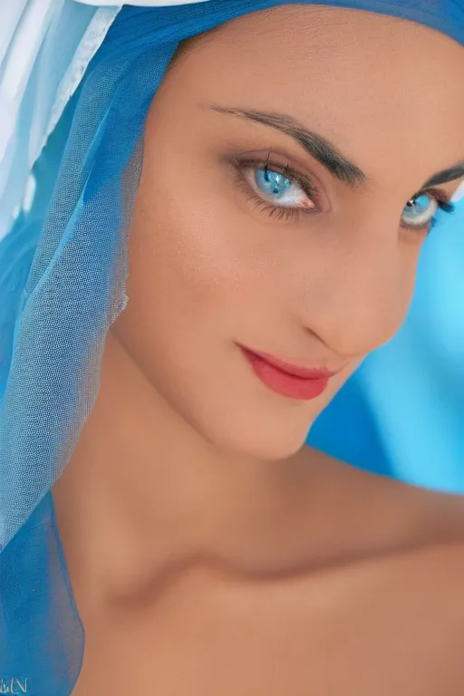 Prompt: young Monica Belluci as an Arab woman, tanned skintone, bright blue eyes, white transparent veil, headscarf, model face, light blue decent dress, closeup portrait, focus