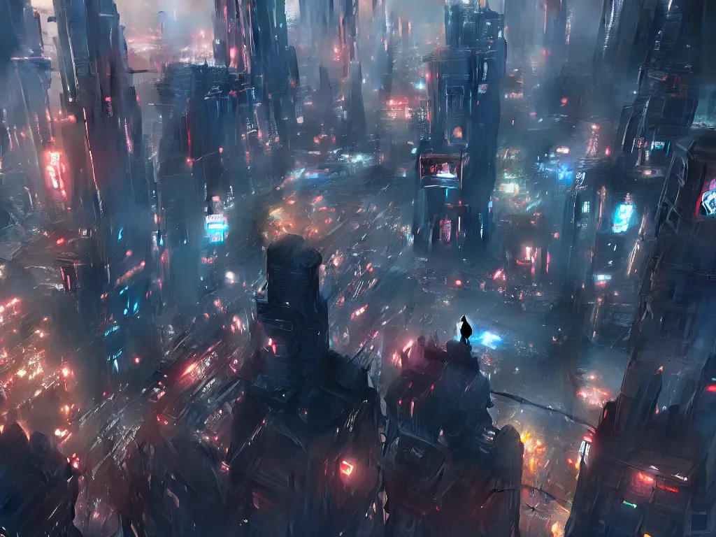 Image similar to looking down on the cyberpunk city from a battleship. cinematic scene, hyperdetailed, extra wide, japanese animation, greg rutkowski, james gurney, johannes voss, marc simonetti on artstation.