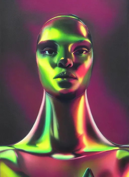 Image similar to futuristic lasers tracing, colorsmoke, leather fullbodysuit, pyramid hoodvisor, raindrops, wet, oiled, beautiful cyborg girl, by steven meisel, kaws, rolf armstrong, mondrian, kandinsky, perfect geometry abstract acrylic, octane hyperrealism photorealistic airbrush collage painting, dark monochrome, fluorescent colors, minimalist rule of thirds, eighties eros