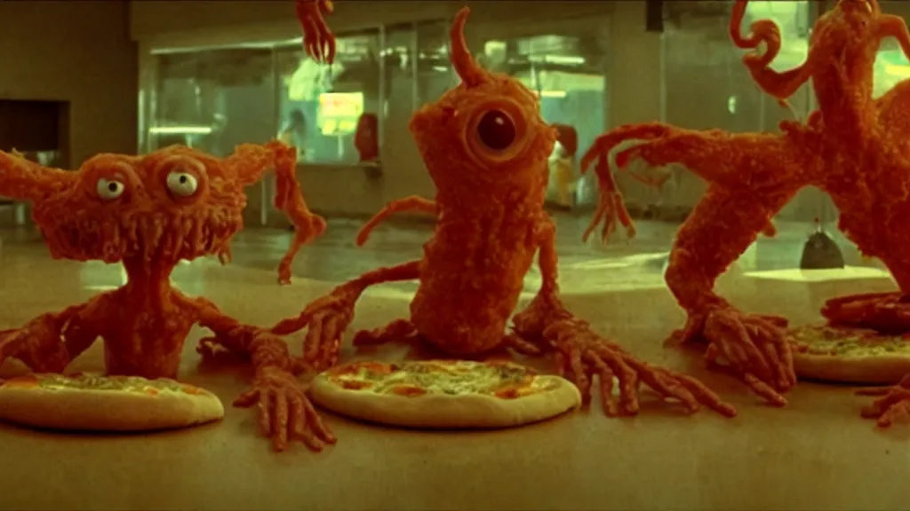 Image similar to the strange pizza creature at the fast food place, film still from the movie directed by denis villeneuve and david cronenberg with art direction by salvador dali and zdzisław beksinski, wide lens