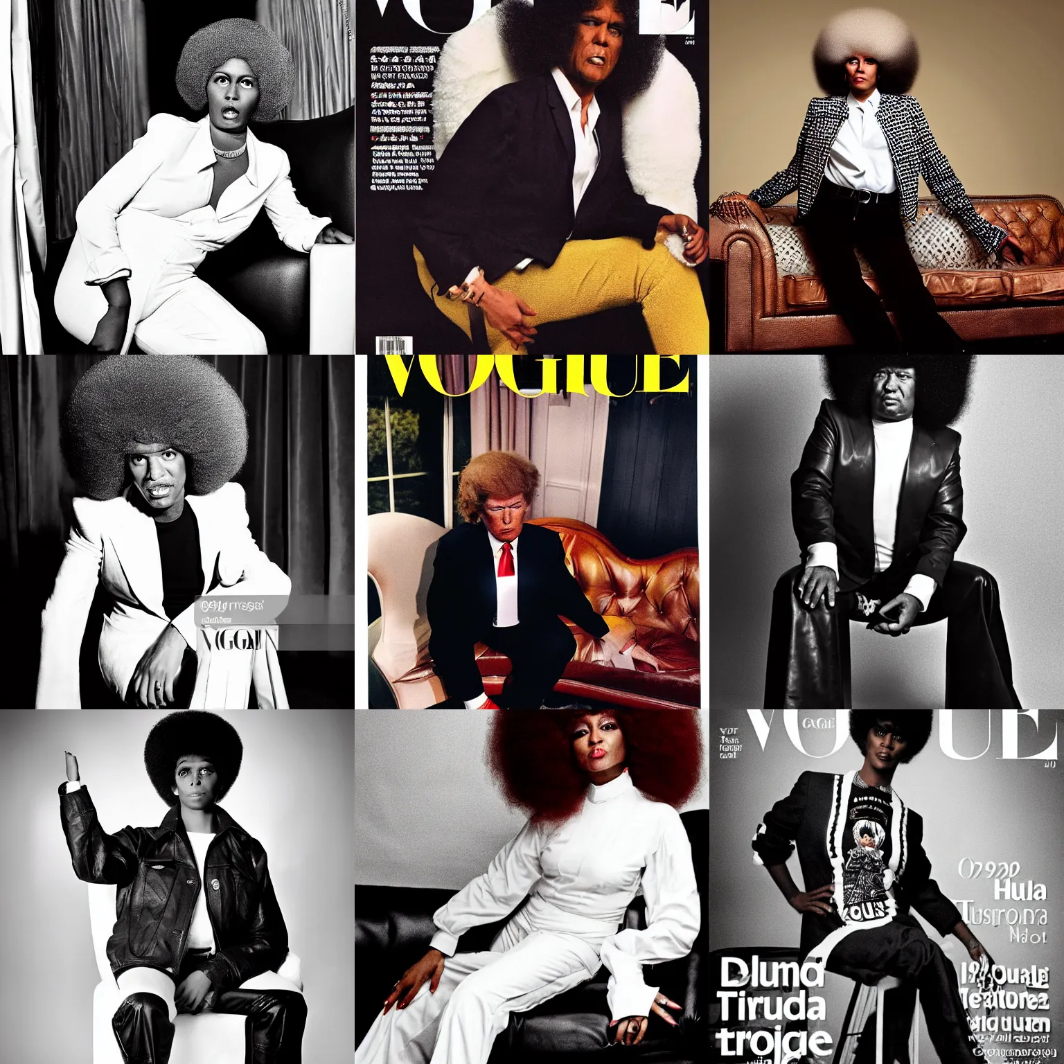 Prompt: donald trump with afro wearing 1 9 7 0 s bellbottoms clothing, black and white, full body profile, sitting on vintage leather sofa, vogue cover, dramatic lighting