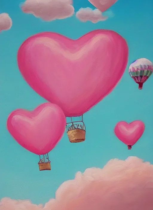 Image similar to detailed painting that is beautiful and whimsical with cotton candy clouds and balloon hearts and flowers inside