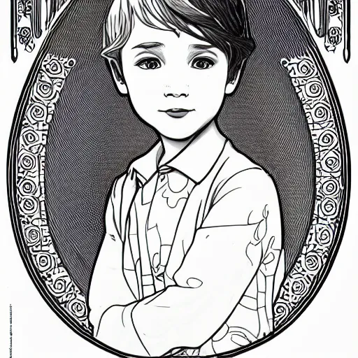 Image similar to clean simple line art of a little boy with short hair. no background. well composed, clean coloring book page, beautiful detailed face. coloring book line art by greg rutkowski and johanna basford and alphonse mucha