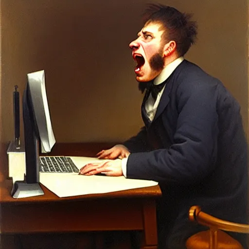 Image similar to an angry man yells at his computer monitor, oil on canvas, 1 9 0 1