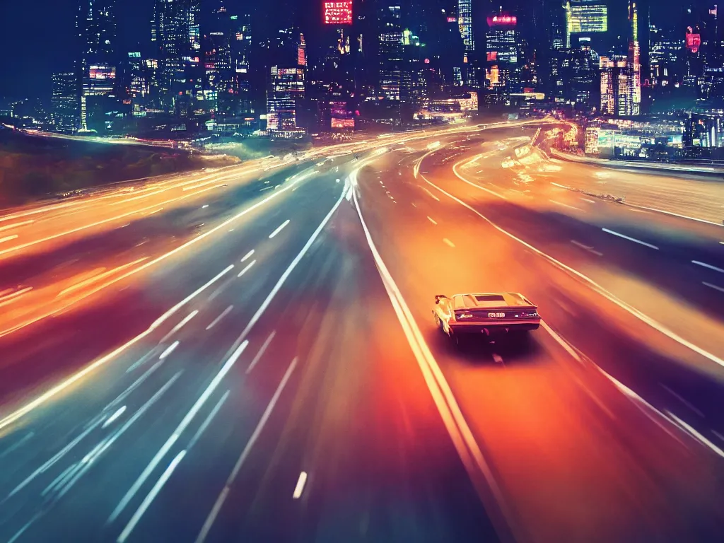 Image similar to 8 0 s neon movie still, high speed car chase on the highway with city in background, medium format color photography, 8 k resolution, movie directed by kar wai wong, hyperrealistic, photorealistic, high definition, highly detailed, tehnicolor, anamorphic lens, award - winning photography, masterpiece