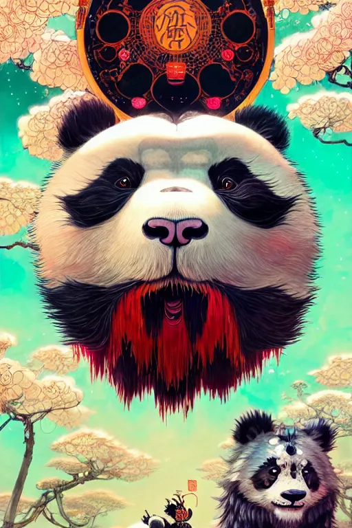 Image similar to a beautiful hyperdetailed character design 4 k wallpaper illustration of a cute panda with a chinese lion dance head victo ngai cyberpunk style, from china, style of studio ghibli, makoto shinkai, raphael lacoste, louis comfort tiffany, artgerm, james jean, ross tran, chinese style