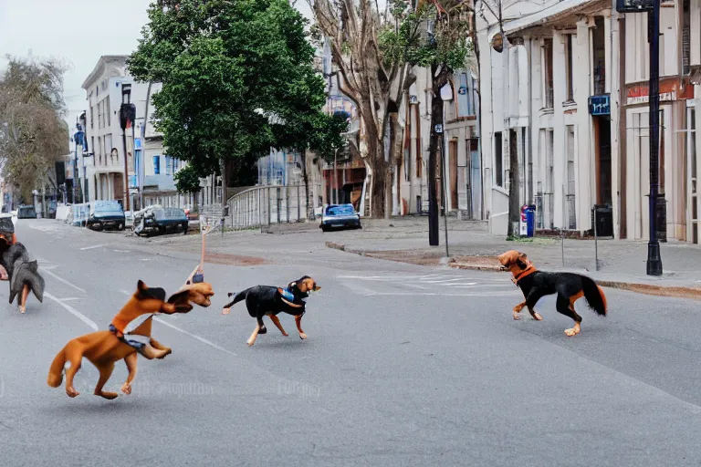 Prompt: dogs running down the street chasing the post office vehicle, wide shot, side viewpoint