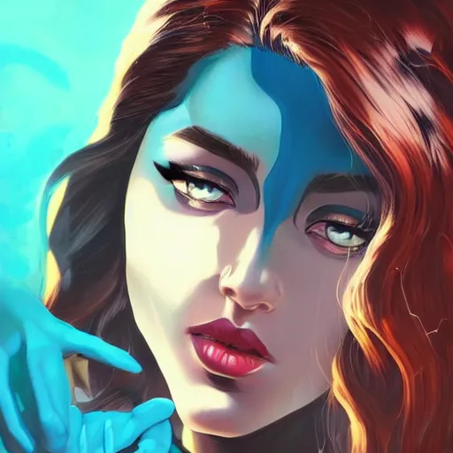 Image similar to portrait of beautiful Mystique from X-Men, League of Legend illustration by Ilya Kuvshinov:2, profile picture by Gil Elvgren:2, asymmetrical, Organic Painting, Ambient Occlusion:3, Matte Painting, bold shapes, hard edges, street art, trending on artstation, realistic:2 by Sachin Teng:5