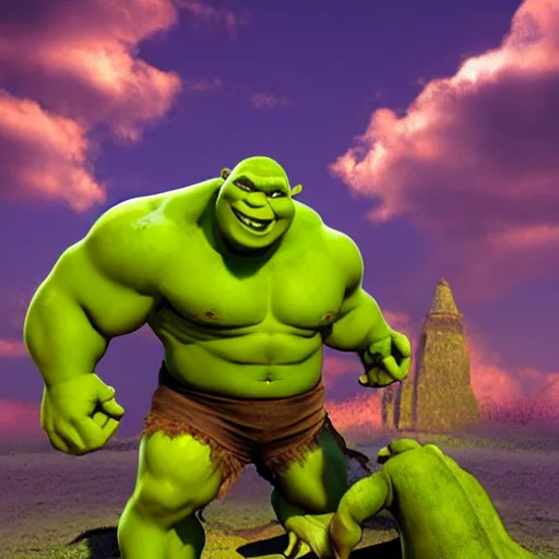 Prompt: shrek fighting the incredible hulk