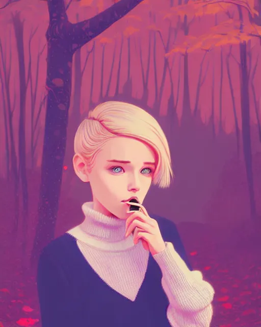 Image similar to digital illustration of pretty girl savrina with short blonde hair wearing a sweater, from alice in wonderland, smoking, in a wonderland forest at night, by ilya kuvshinov, lois van baarle, rossdraws, basquiat