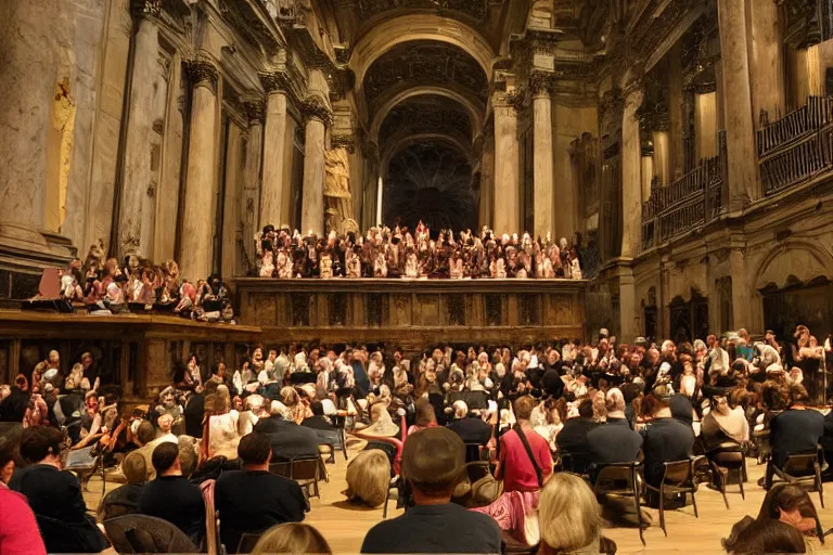 Prompt: medium size crowd listens to a hermeneutic pipe organ concert in a vast basilica, matte painting, scenic full shot, ambient lighting, detailed baroque oil painting by caravaggio and goya