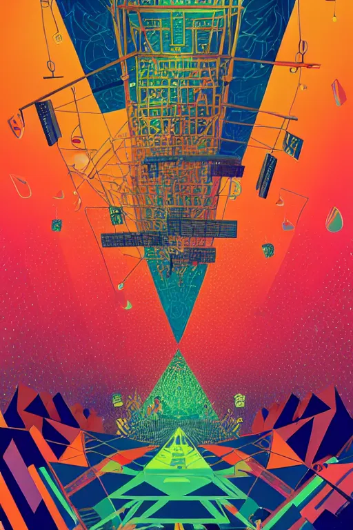 Image similar to giant concert festival truss with professional loud speakers, wall of sound, music recording studio, poster art by victo ngai, ori toor, kilian eng behance contest winner, crystal cubism, poster art, cubism, tarot card, psychedelic art, concert poster, poster art, maximalist