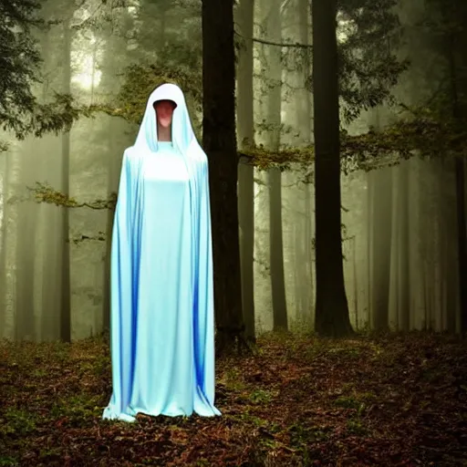 Image similar to cloaked maiden with blue eyes and a beautiful model face in a dark and creepy forest