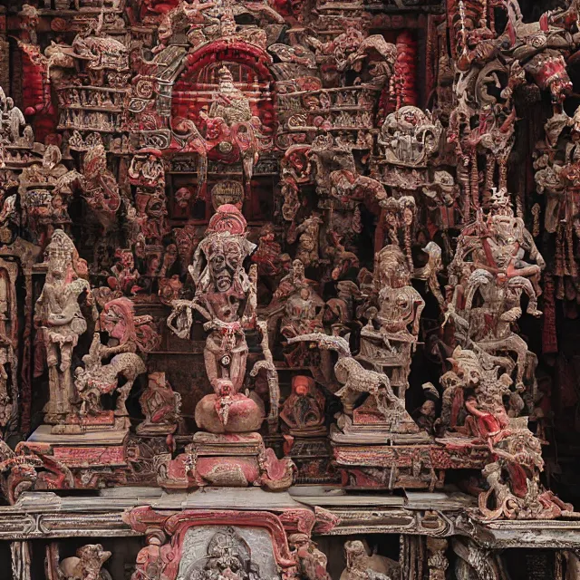 Image similar to temple made of flesh, hindu ornaments, baphomet statue at the center, angel statues, 8 0's horror movie film still, highly detailed, symmetry, award - winning photography, 1 2 0 mm