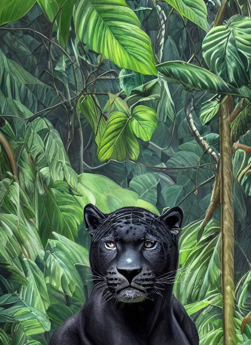 Prompt: a beautiful painting portrait of a black jaguar surrounded by the leaves of the jungle, highly detailed close up, fantasy art, matte painting